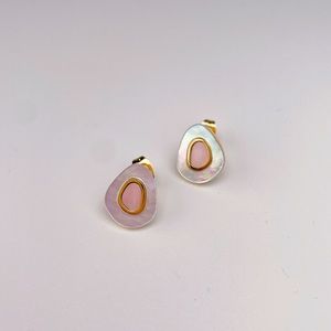 NEW Mother of Pearl Inlay White Pink Avocado 18K Real Gold Plated Stud Earrings